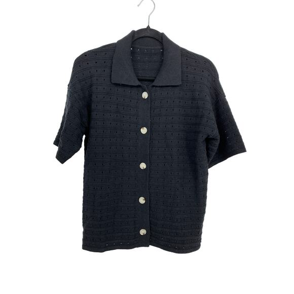 Unbranded Two Piece Set Buttondown Top & Shorts Womens Small Black Open Knit - Picture 2 of 7